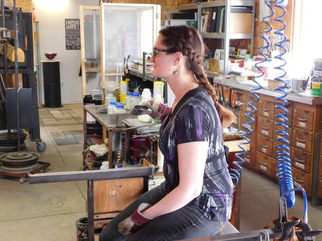 Me waiting with the jacks to flatten the bottom of the vase while Art was reheating it